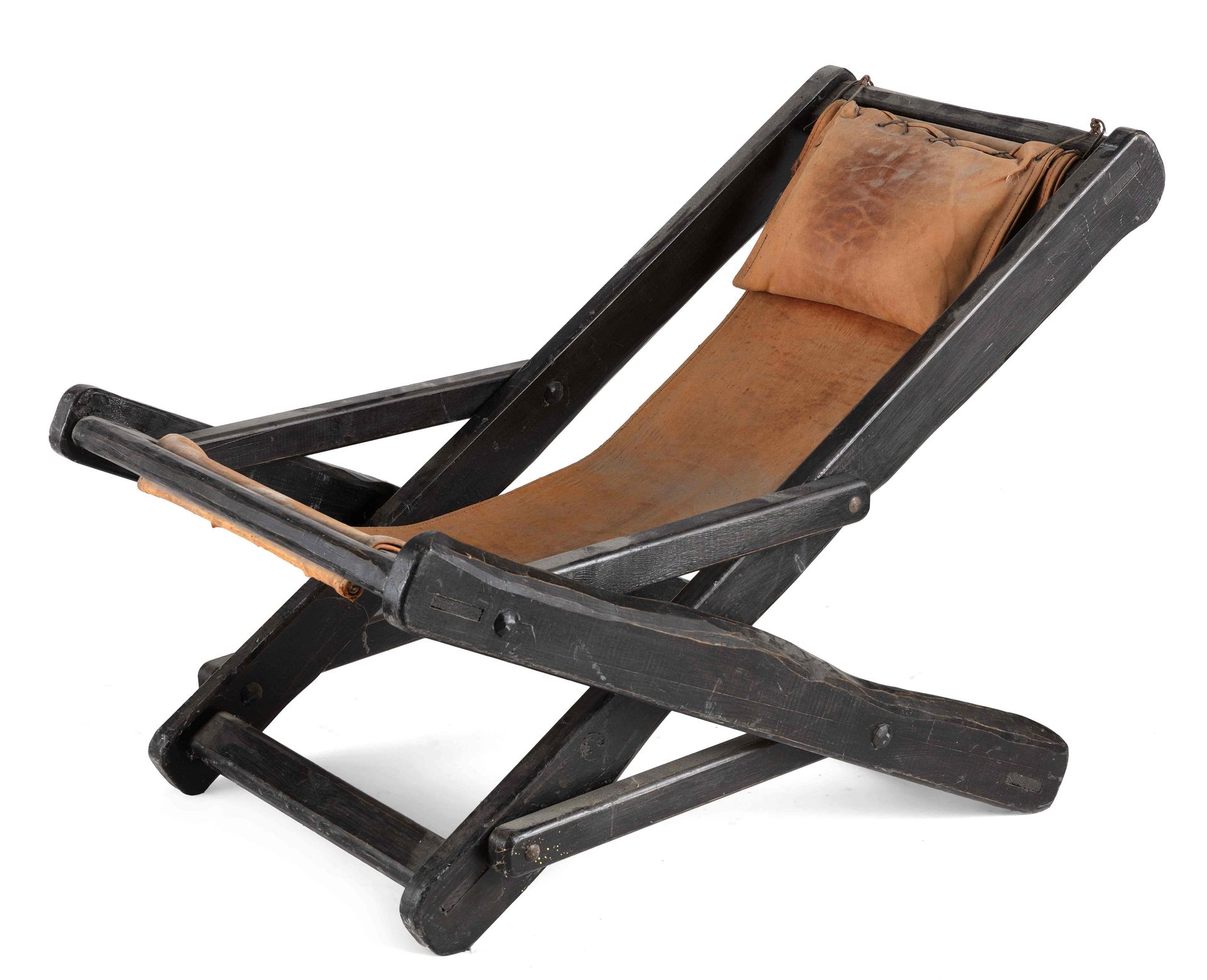 Null Klappbare Chaiselongue aus schwarz gebeiztem Holz, Garnitur und Kissen aus &hellip;