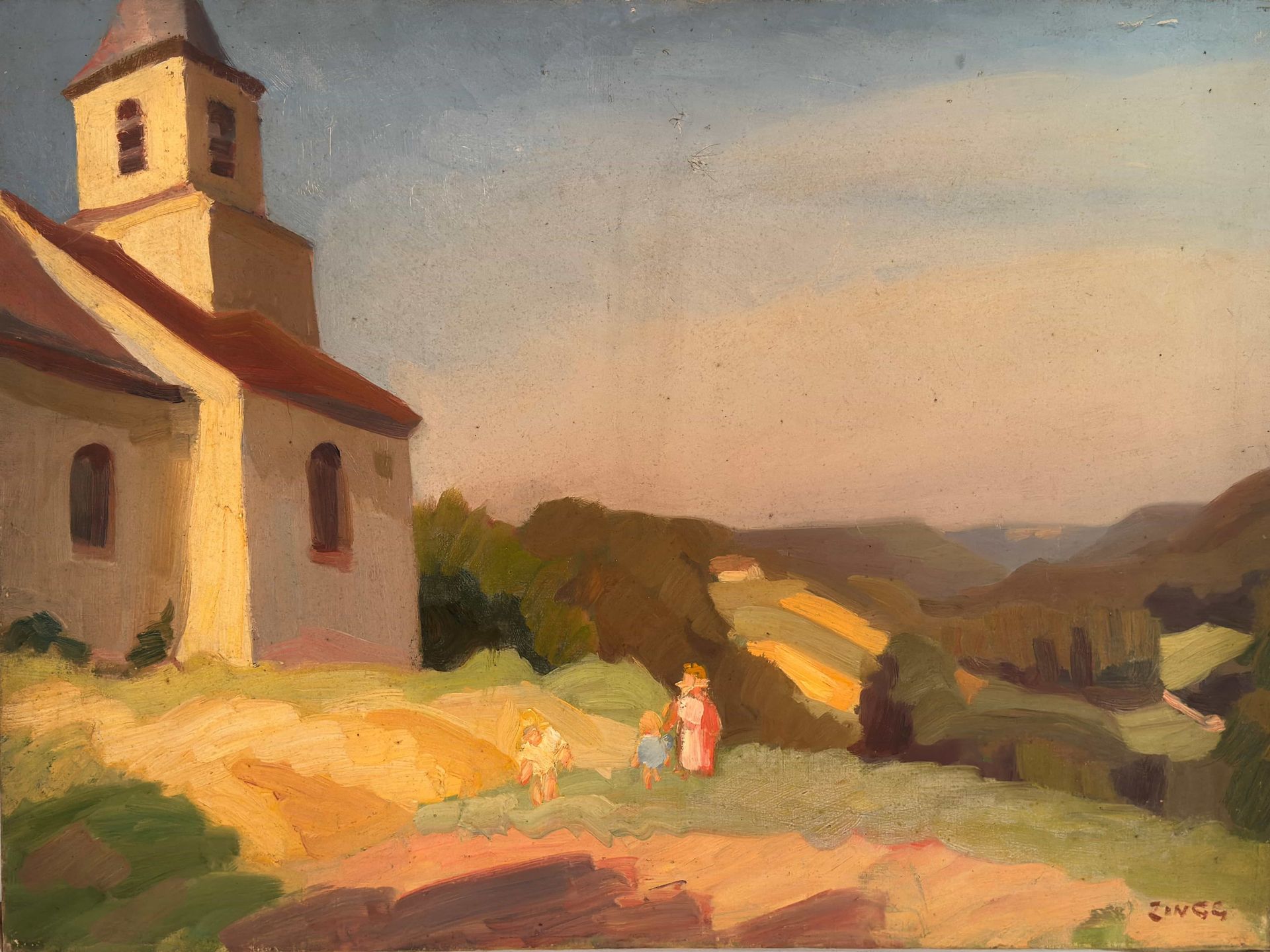 Null JULES EMILE ZINGG (1882-1942) Enfants près d’une église Huile sur toile . S&hellip;