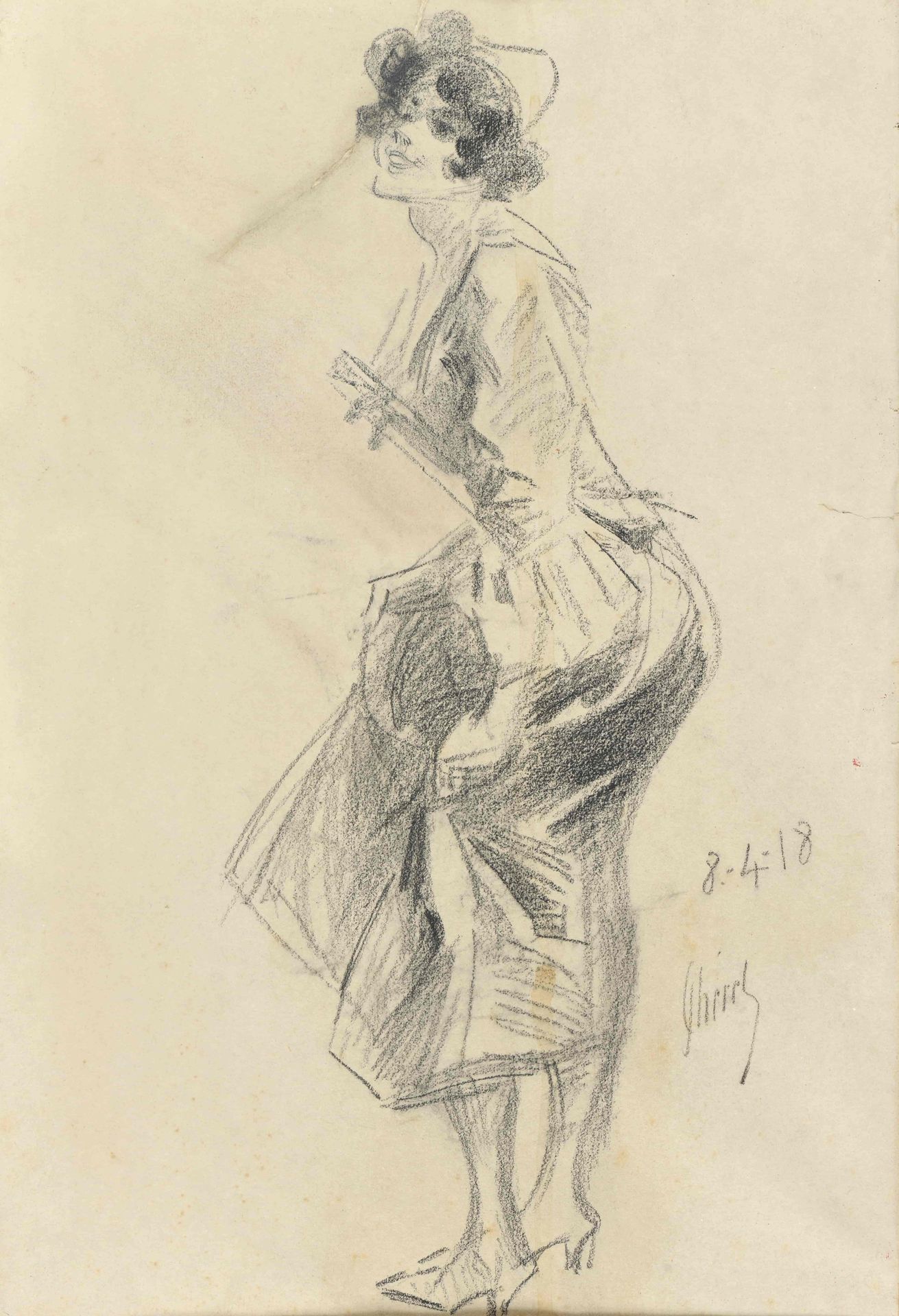 Null Jules CHERET (1836-1932) Femme souriante 8-4-18 Fusain sur papier. Signé à &hellip;