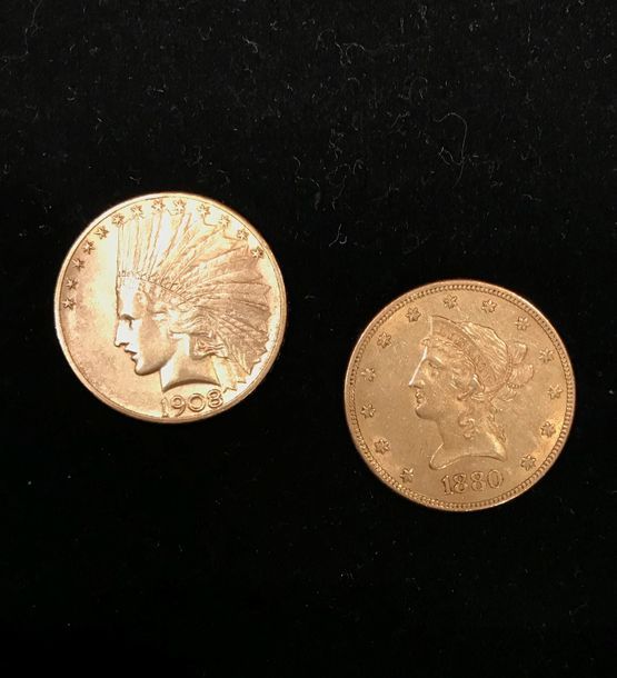 Null 2 pièces or de 10 dollars - 1880 et 1908. Pb.: 33.3 grs