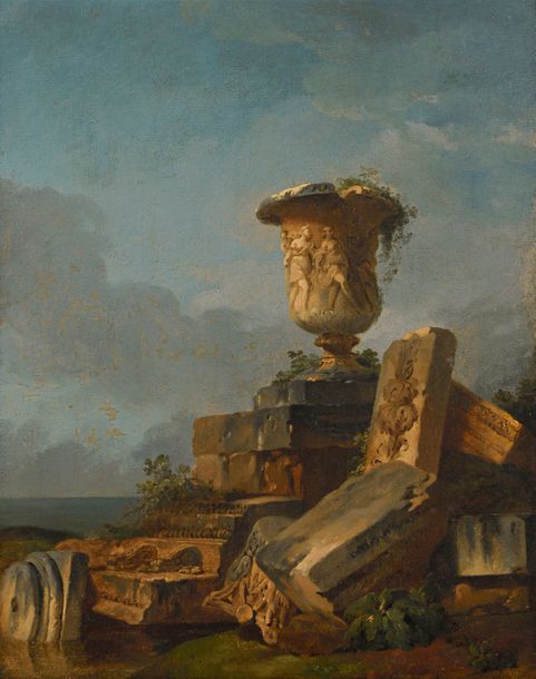 Null 12 Hubert ROBERT (1733-1808), entourage de Vase antique sur des ruines roma&hellip;