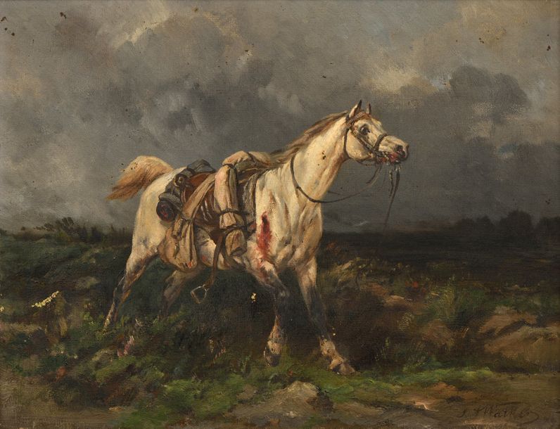 Null 25 Ecole du XIXe siècle Le cheval blessé Huile sur toile, signée en bas à d&hellip;