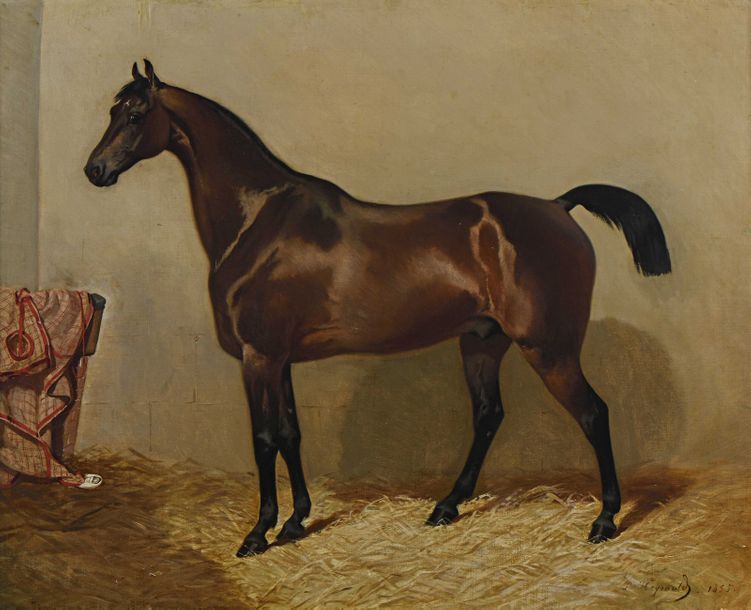 Null 27 Louis Robert HEYRAULT (1840-1880) Cheval à l’écurie Huile sur toile, sig&hellip;