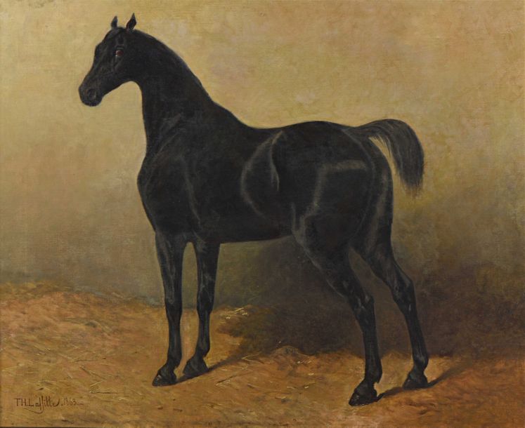 Null 29 Théodore LAFITTE (1818-1875) Cheval à l’écurie Huile sur toile, signée e&hellip;