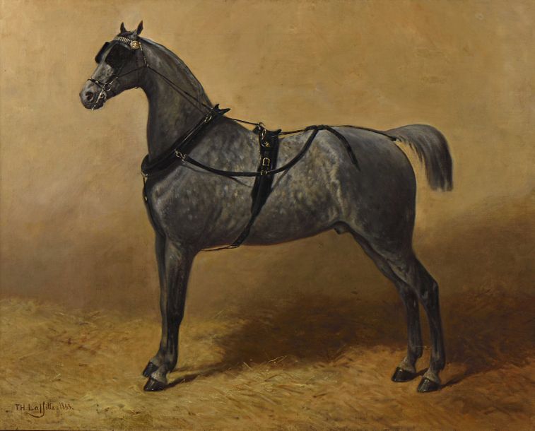 Null 30 Théodore LAFITTE (1818-1875) Cheval avec harnais à l’écurie Huile sur to&hellip;