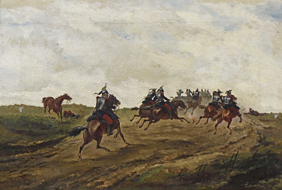 Null 33 Georges HYON (1855-?) La charge des cavaliers Huile sur toile, signée en&hellip;