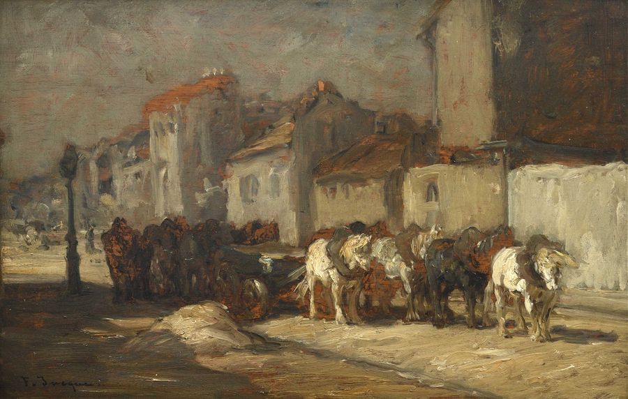 Null 34 Frédéric JACQUES (Paris, 1859-1931) Attelage de chevaux dans un village &hellip;