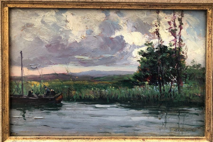 Null 46 Alexandre ISAILOFF (1869-) Bord de rivière à la barque Huile sur panneau&hellip;