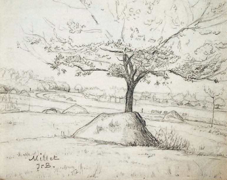 Jean-Baptiste MILLET (1831-1906) 
Paysage à l'arbre
Dessin signé en bas à gauche&hellip;