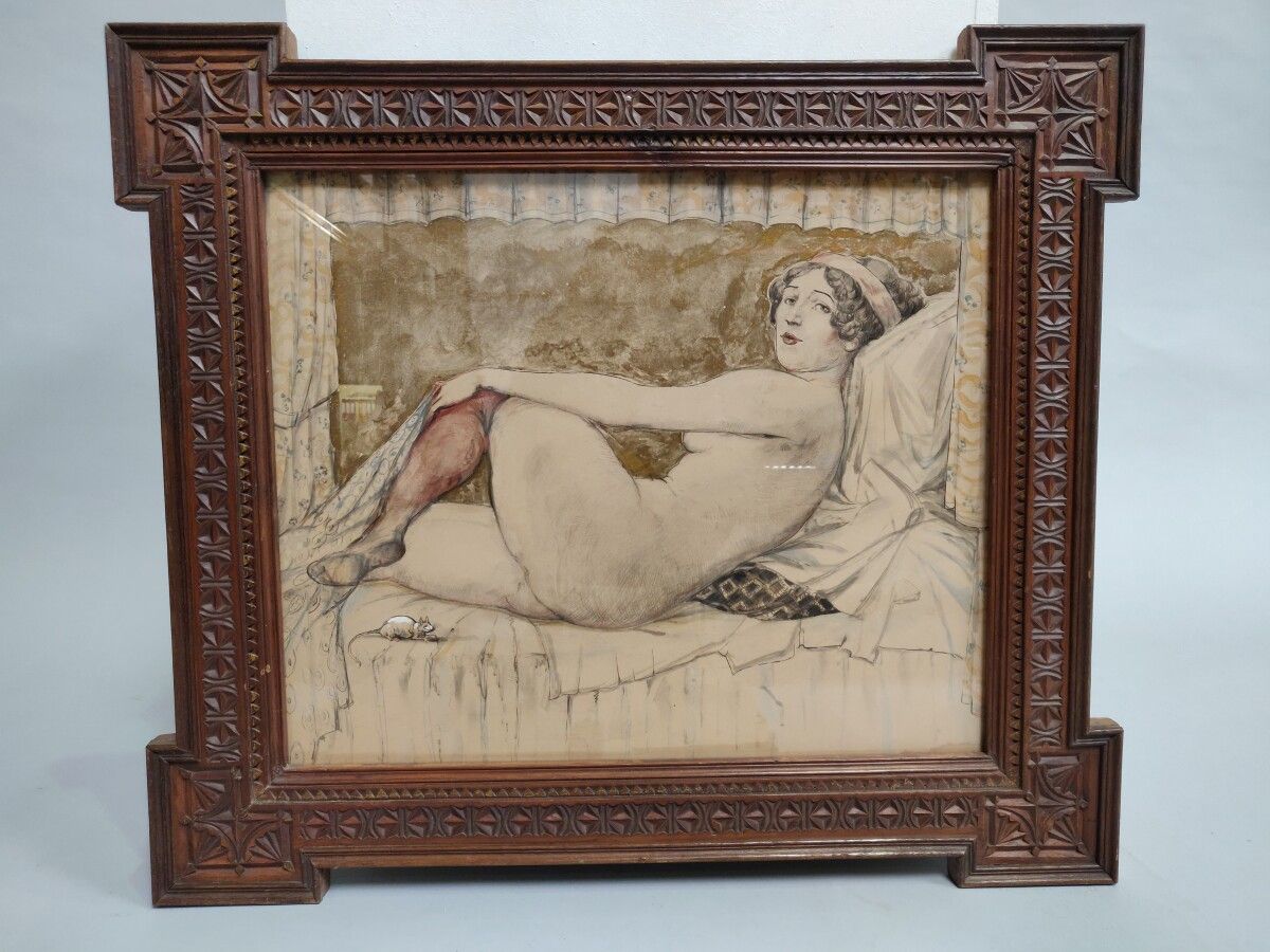 Null 约1930年的法国学校

裸体与鼠标

带亮点的绘画

玻璃下的框架

48 x 58 cm

湿度、撕裂、修复的痕迹，原样。