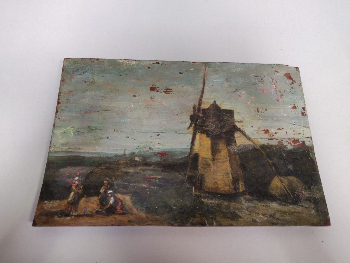 Null 板上油彩

"磨坊"。

(裂缝和事故)

22 x 33 cm

布面油画 "田野之花"，日期为57年