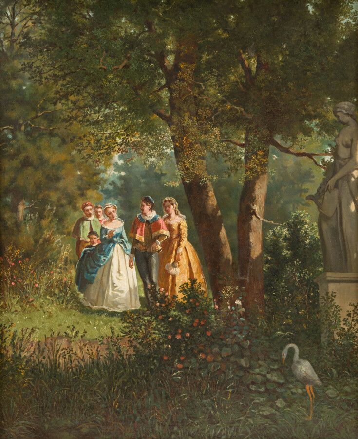 Null 法国学派的19世纪末

穿着文艺复兴时期服装的优雅人士在公园聚会

布面油画。

(修复)

66 x 54 厘米。