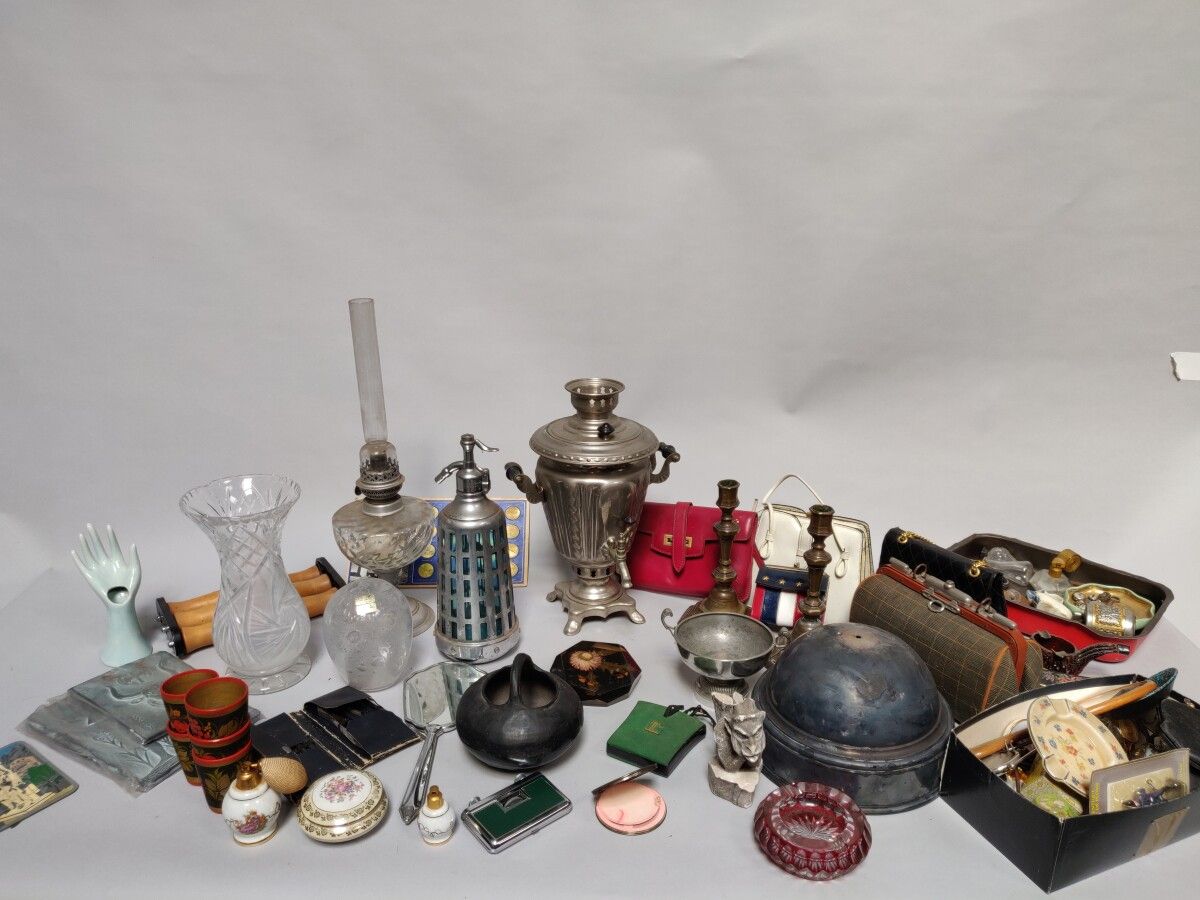 Null Large lot of various trinkets, handbags, Russian goblets, oil lamp etc.