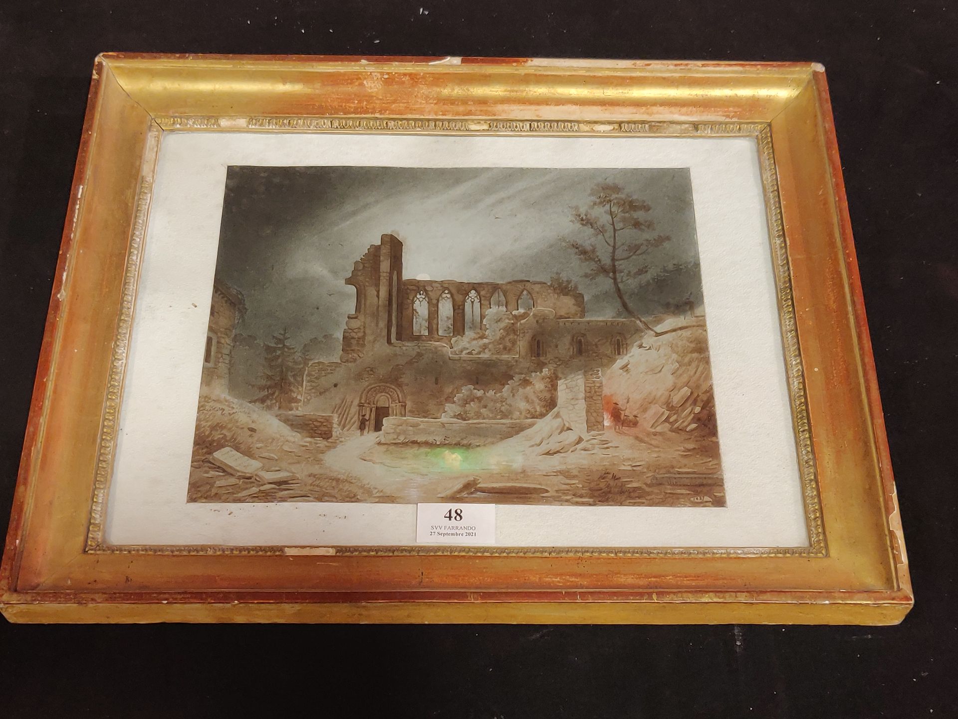 Null 哥特式废墟的景观

纸上水彩和水墨画，右下角注明日期为1827年。

22 x 26 cm。