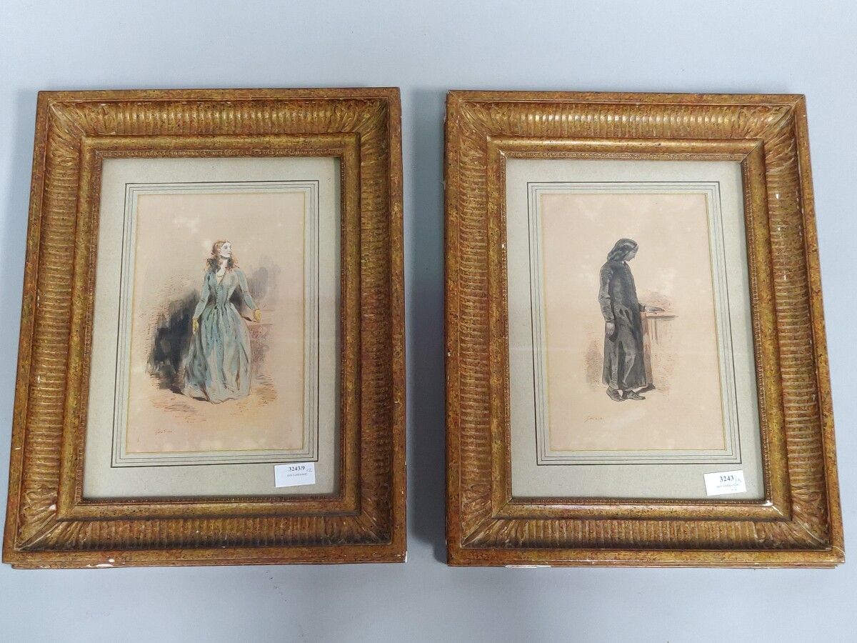 Null 伽伐尼(GAVARNI)

"男人 "和 "女人

两幅水彩画，已签名。

27 x 17 cm 每幅都在展出中