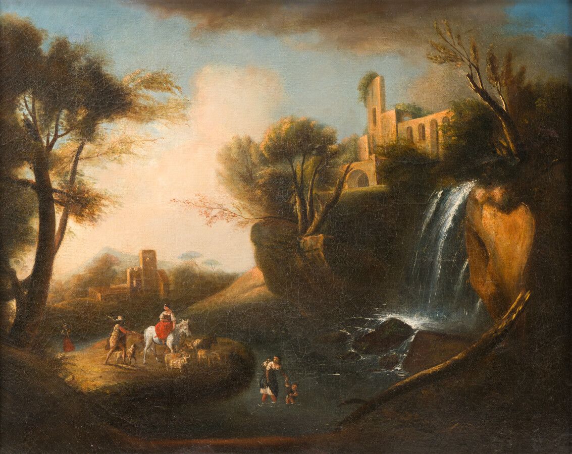 Null 19世纪的法国学校

有瀑布的废墟景观，有动画的人物

布面油画（内衬）。

65 x 81厘米。
