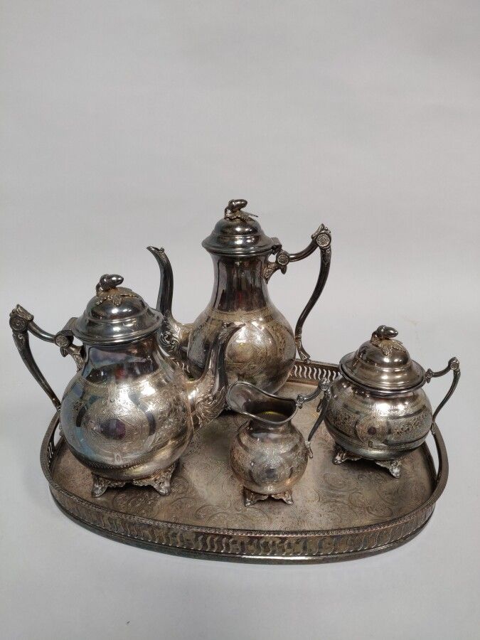 Null 镀银茶和咖啡套装，包括咖啡壶、茶壶、糖碗、牛奶壶和托盘