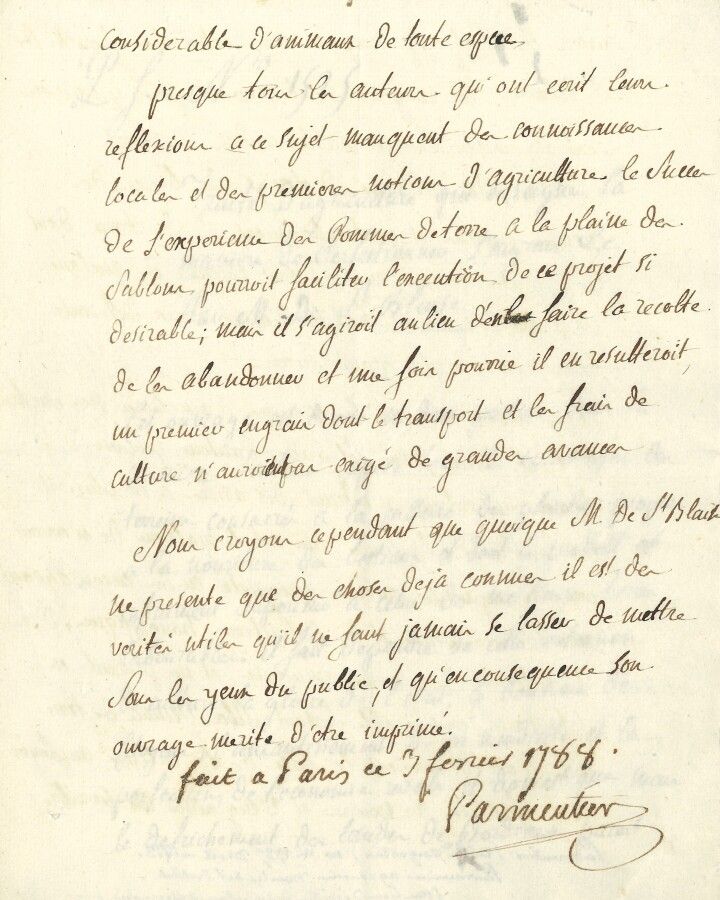 Null 79.Antoine PARMENTIER

附上亲笔签名的日期 "2月3日于巴黎"。

1788年"；3页，共4页。

关于《农业法》的报告，该法教&hellip;
