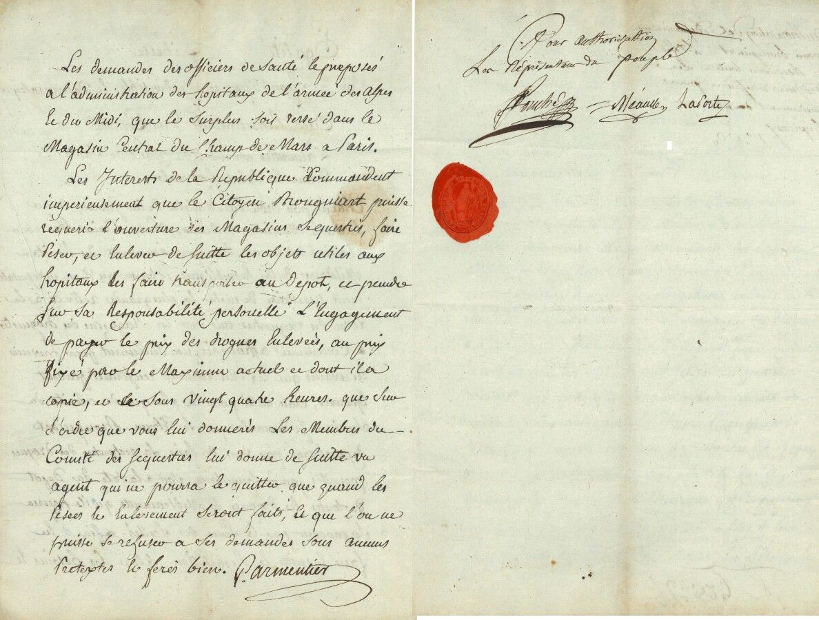 Null 74.约瑟夫-富歇（1763-1820） 传统的。

拿破仑的警察部长

附有2行亲笔签名的附言，由其共同签署。

会议员拉波特和梅奥尔，在L.S.上&hellip;