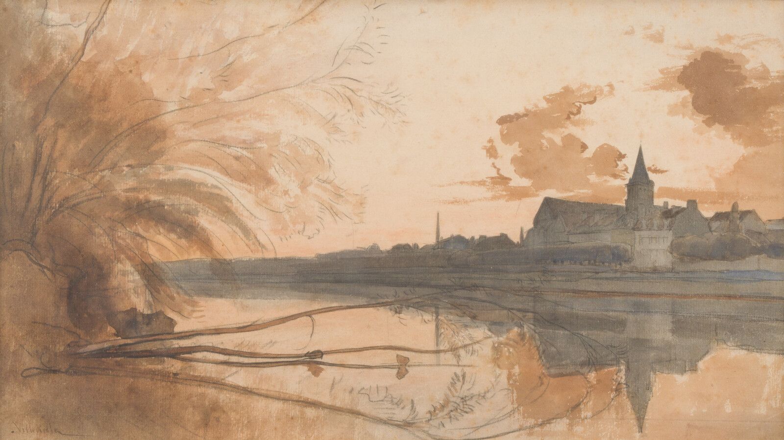 Null 13.归属于Léon VILLEVIEILLE（巴黎1823 - 1866）。

有教堂的河岸景观

水彩画和黑铅笔

21,5 x 38,5 cm
&hellip;