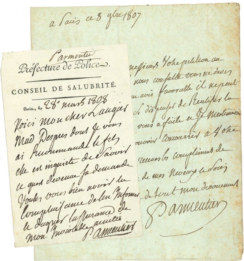 Null 81.Antoine PARMENTIER

5 L.A.S., Paris 1795-1808; 5.5页 in-4 或

8英寸，2个地址（有些缺&hellip;