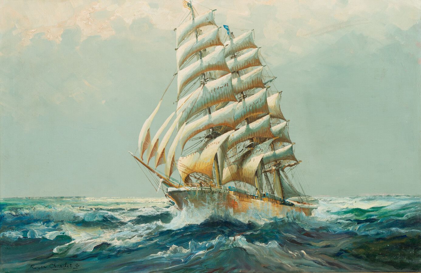 Null 45.罗杰-夏佩勒 (1903-1995)

在北方海面上悬挂美国国旗的三桅船

布面油画，左下方有签名。

61 x 92 cm

(小型修复)
