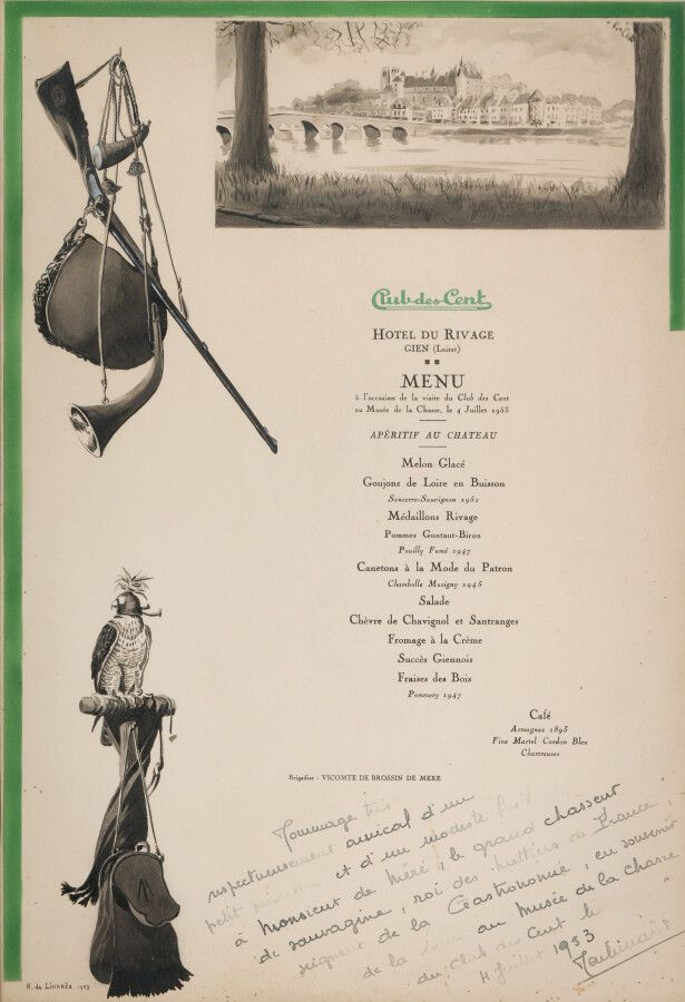 Null 利纳雷斯(Henri de)(1904-1987)

百人俱乐部的菜单。

罕见的菜单，左下角有1953年的日期，有1953年7月4日的献词。

该菜&hellip;