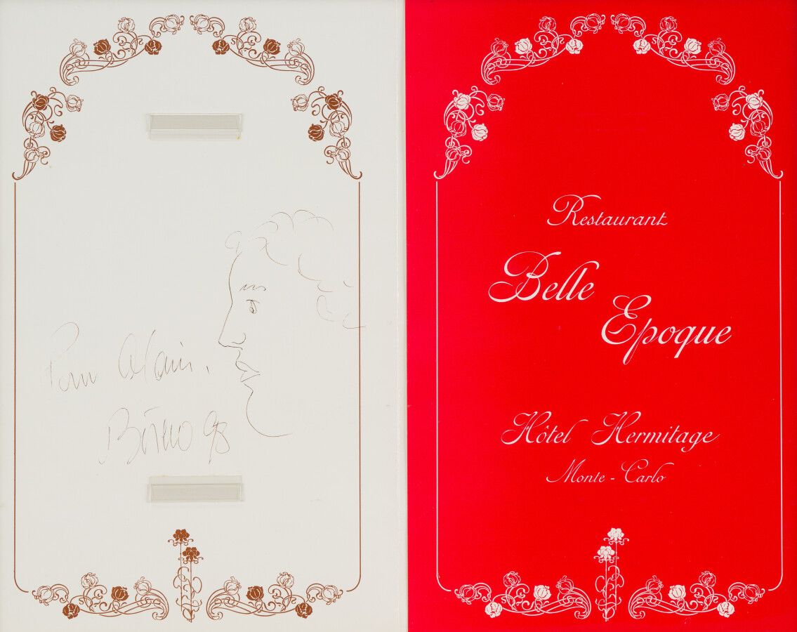 Null Hermitage酒店La belle époque餐厅的菜单，上面有BOTERO的签名和简介，签名和日期为(19)98。

32 x 40 厘米