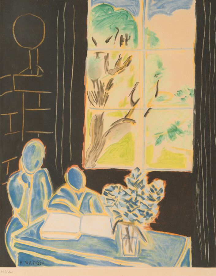 Null Henri MATISSE (1869-1954)，之后

室内蓝色背景。关于1960年。

编号为143/200的彩色蚀刻画。版面左下方有签名。发黄&hellip;