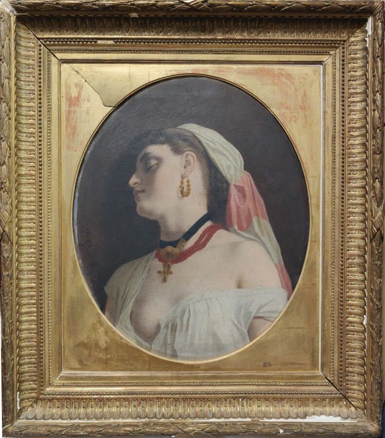 Null 
V.吉约（19世纪）。

一个意大利女人的画像

布面油画。

左边中间位置有签名。

54 x 44 cm (见图)

(事故）。
