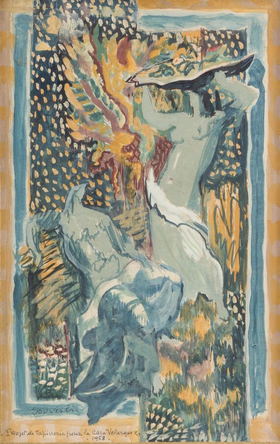 Null 让-苏弗比(Jean SOUVERBIE) (1891-1981)

贝拉斯克斯之家的挂毯项目，蓝色背景

水粉画左下方有签名，日期为58。

42 &hellip;