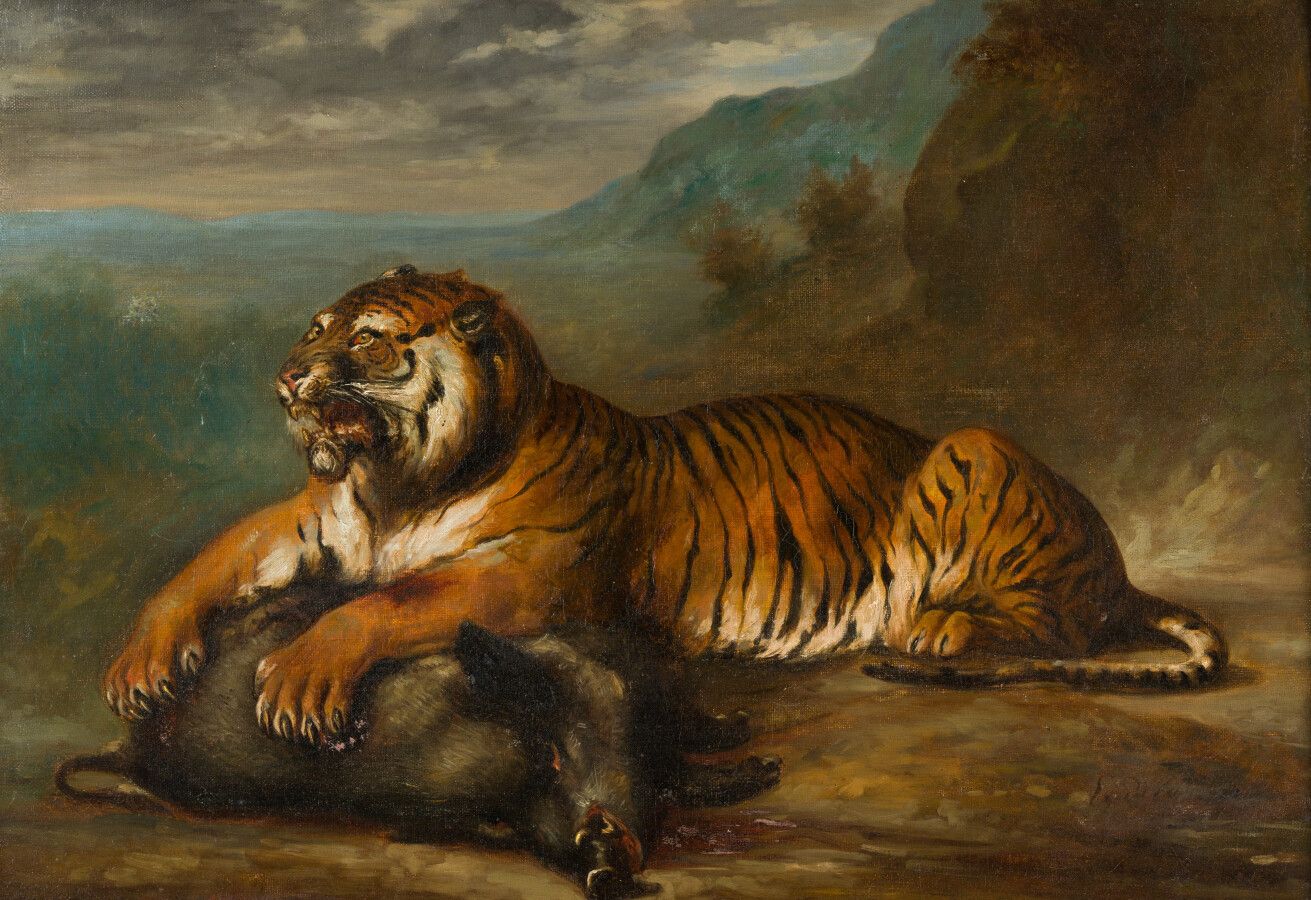 Null 欧仁-德拉克洛瓦（1798-1863）的风格

虎和野猪

布面油画，右下角有签名。

42 x 60厘米