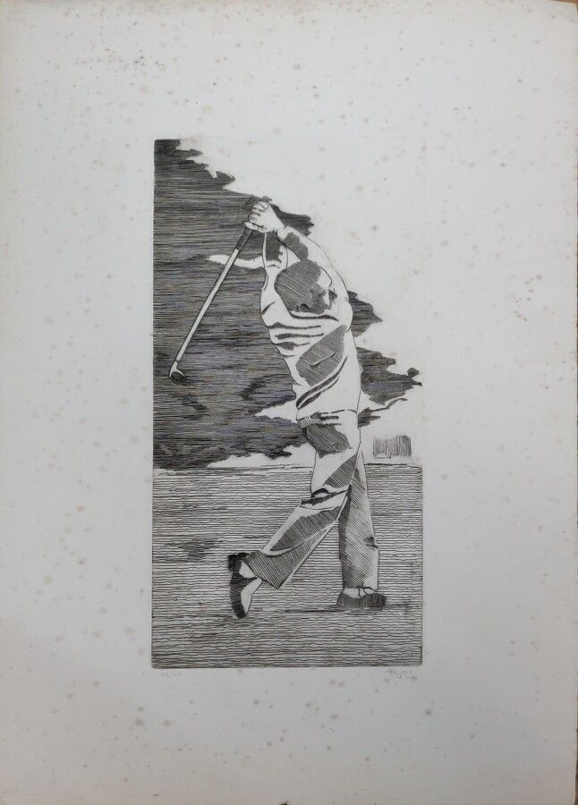 Null PULS (?)

高尔夫爱好者

套装的两幅蚀刻画，右下方有签名，编号为27/40和32/40。

缝合。

39 x 19 厘米