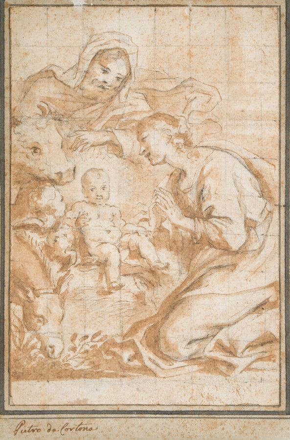 Null 17世纪的意大利学校

耶稣诞生

钢笔和棕色墨水，棕色水洗。注释 "Pietro da Cortona"，方形，粘贴完整，有皱纹。

19.8 x &hellip;