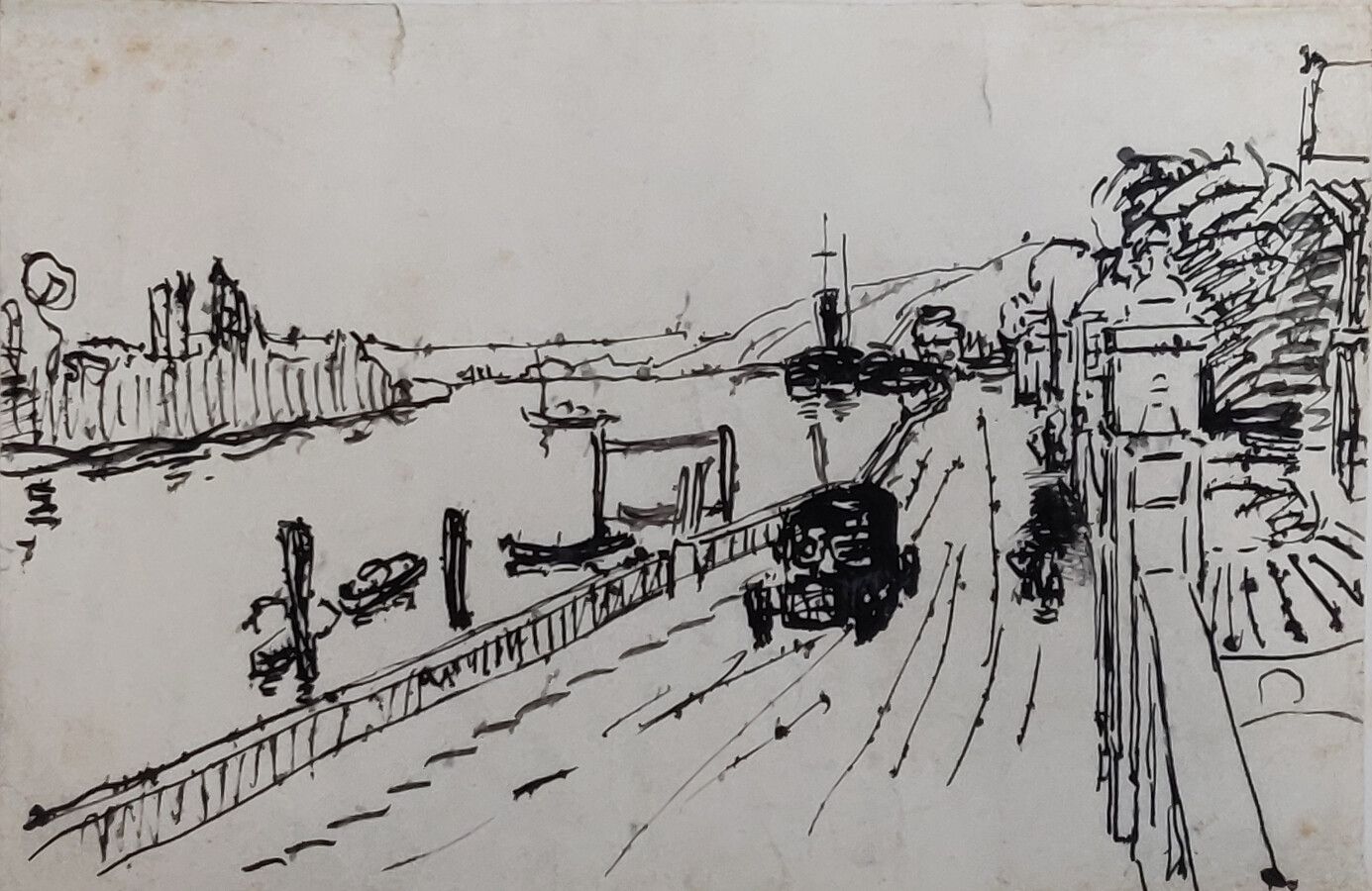 Null 归功于阿尔贝-玛丽-勒布尔（1849-1928）。

塞纳河畔

墨水。

纸板上标有Lebourg。

(泪水）。

23 x 33.5 cm