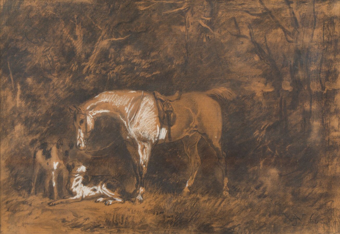 Null 归功于詹姆斯-沃尔克（加尔各答1831-巴黎1898）。

船员的马和狗

炭笔、蚀刻、上胶和白粉笔的亮点

33 x 47,5 cm

右下角有图案&hellip;