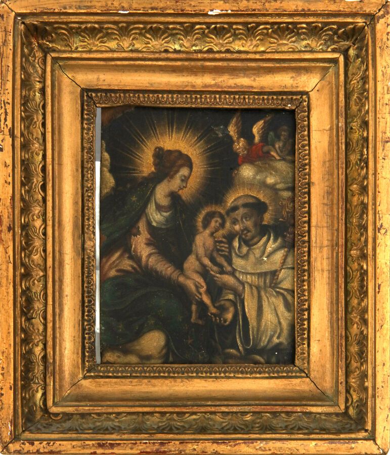 Null 12.17世纪的西班牙学校

圣母子与圣伯纳的合影

克莱尔沃

铜上的油彩，有金色的亮点

(失踪)。

13,3 x 10,5 cm
