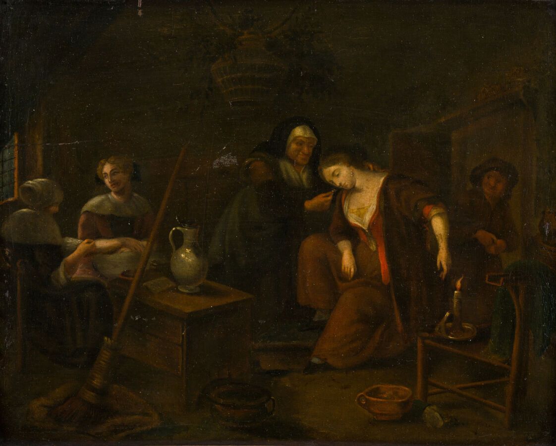 Null 19.按照17世纪荷兰学派的口味

烛光室内的如厕时间

镶板油画，未镶板

(裂缝和修复）。

25,3 x 33 cm