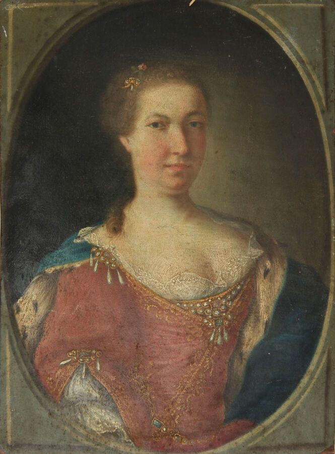 Null 20.德国或奥地利学派，马丁-范-迈腾斯（1695-1770）的随行人员

身着红色礼服和茉莉花大衣的优质女士画像

镶嵌在铜器上的油彩，以格子画的形&hellip;