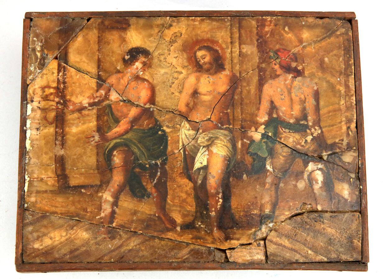 Null 13.17世纪的意大利学校

基督的鞭刑

在木制的雪花石板上涂油

木材安装

(损坏、缺失部分和修复）。

15,5 x 20 cm