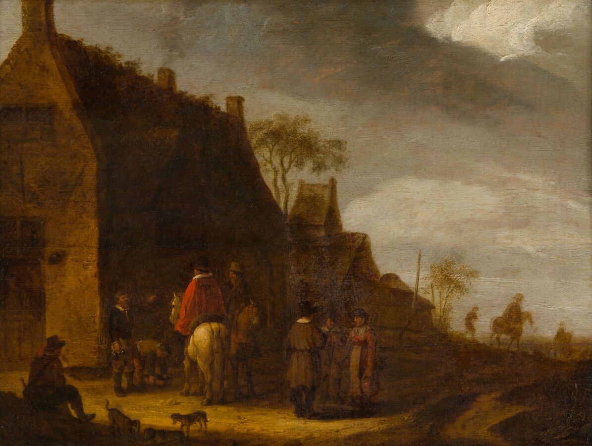 Null 15.归功于阿德里安-范-奥斯塔德（1610-1685）。

停在村口的骑兵

板上油彩，3块镶木板

(旧的磨损和修复）。

38,5 x 50,3&hellip;
