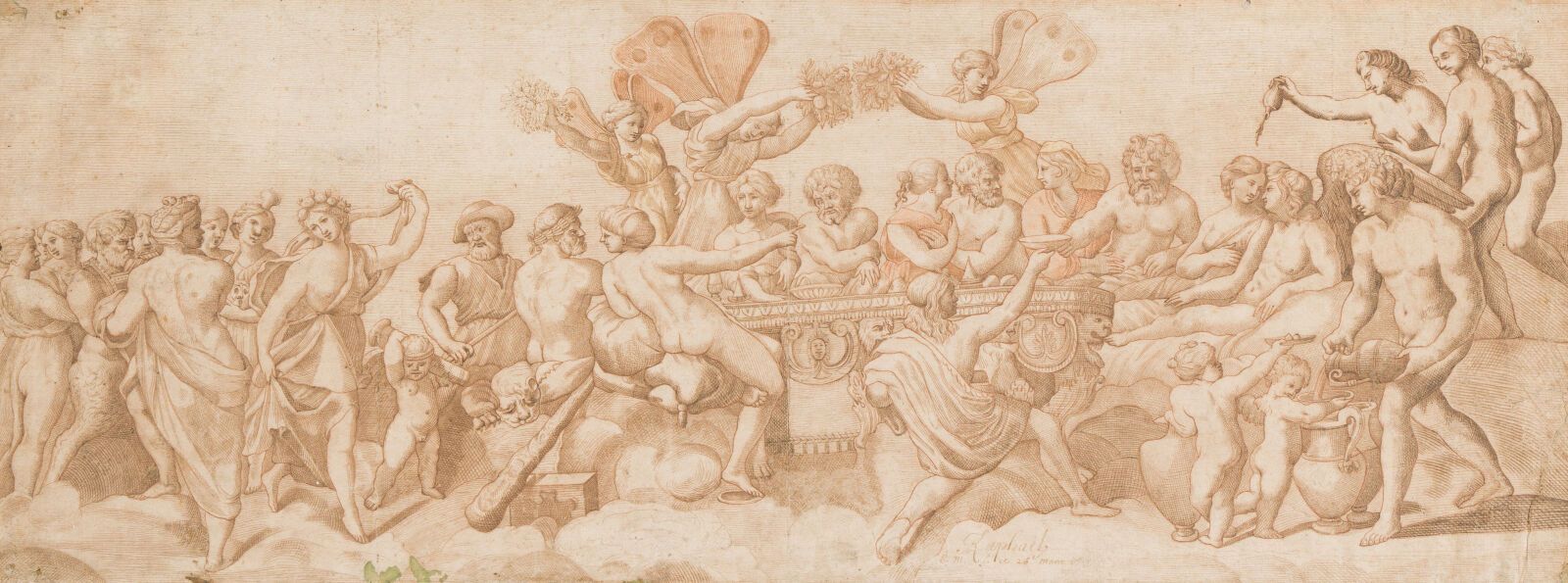 Null 7.17世纪的意大利学校

诸神的盛宴

钢笔和棕色水墨（折叠、污渍和

和雀斑)

18.5 x 49 厘米

承担了一个签名。