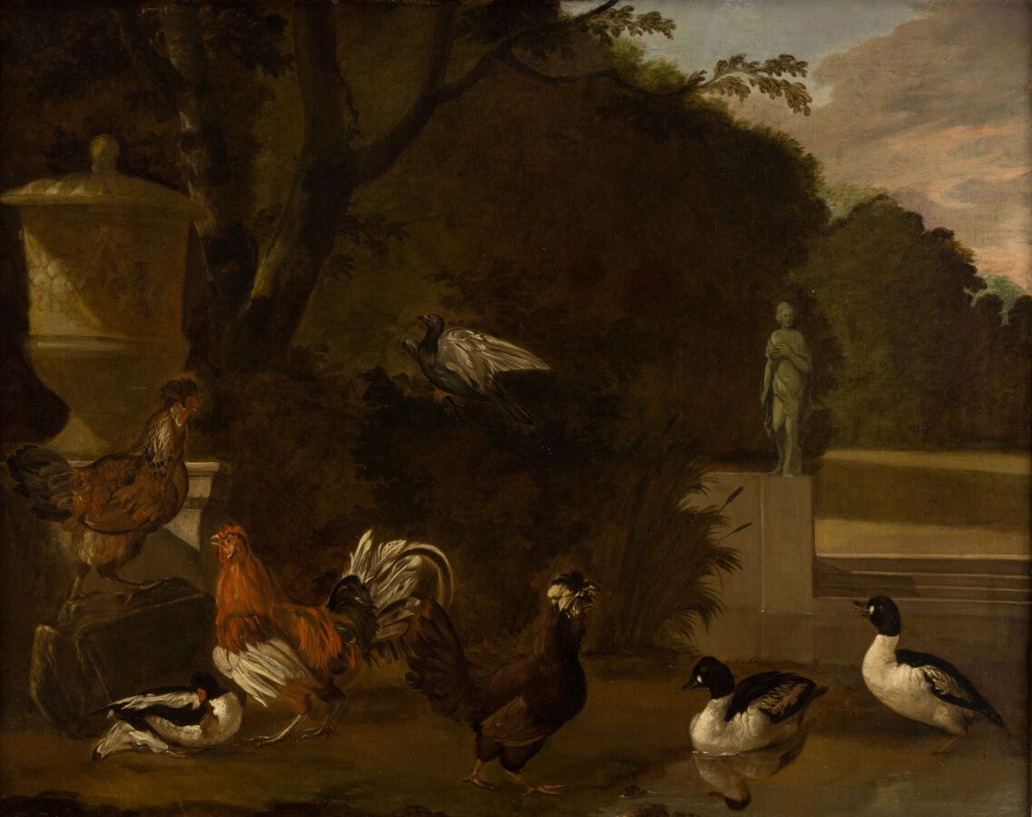 Null 14.归属于Jacobus VICTORS（1640 - 1705）。

有公鸡和鸭子的公园

布面油画

(一些旧的修复品）。

52 x 68 厘&hellip;