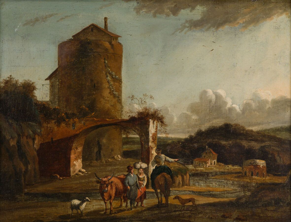 Null 17.17世纪末的荷兰学校

尼古拉-贝尔赫姆（1620 - 1683）的追随者

农民和牧羊人在废桥前的对话

布面油画

(磨损，旧的修复物）。
&hellip;