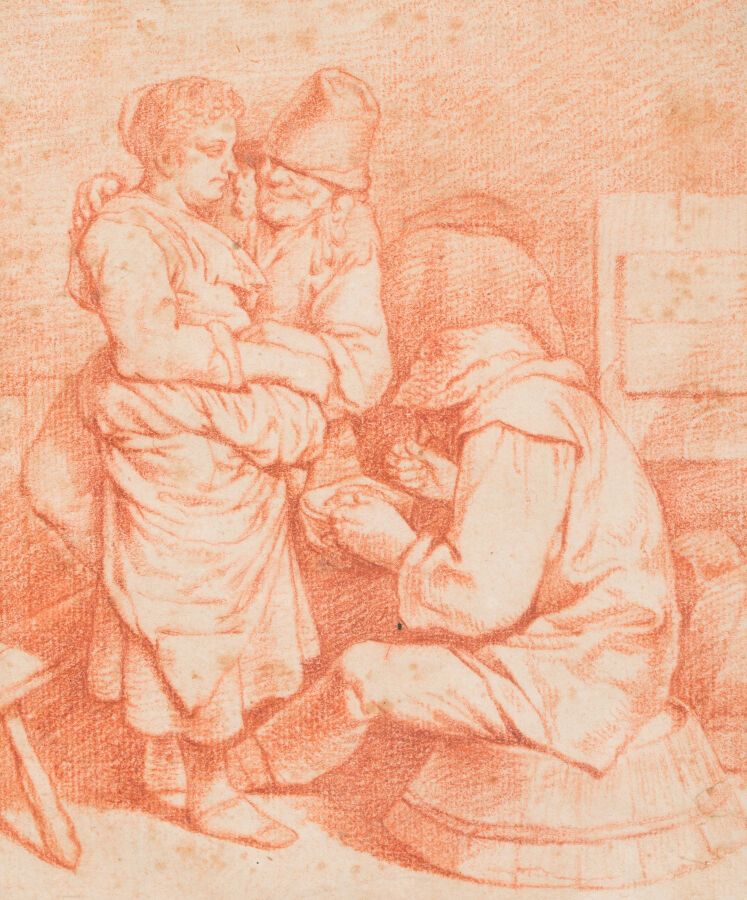 Null 9.归功于阿德里安-范-奥斯塔德（1610 - 1685）。

室内的人

三毛

(雀斑和小撕裂）。

16,7 x 14 cm