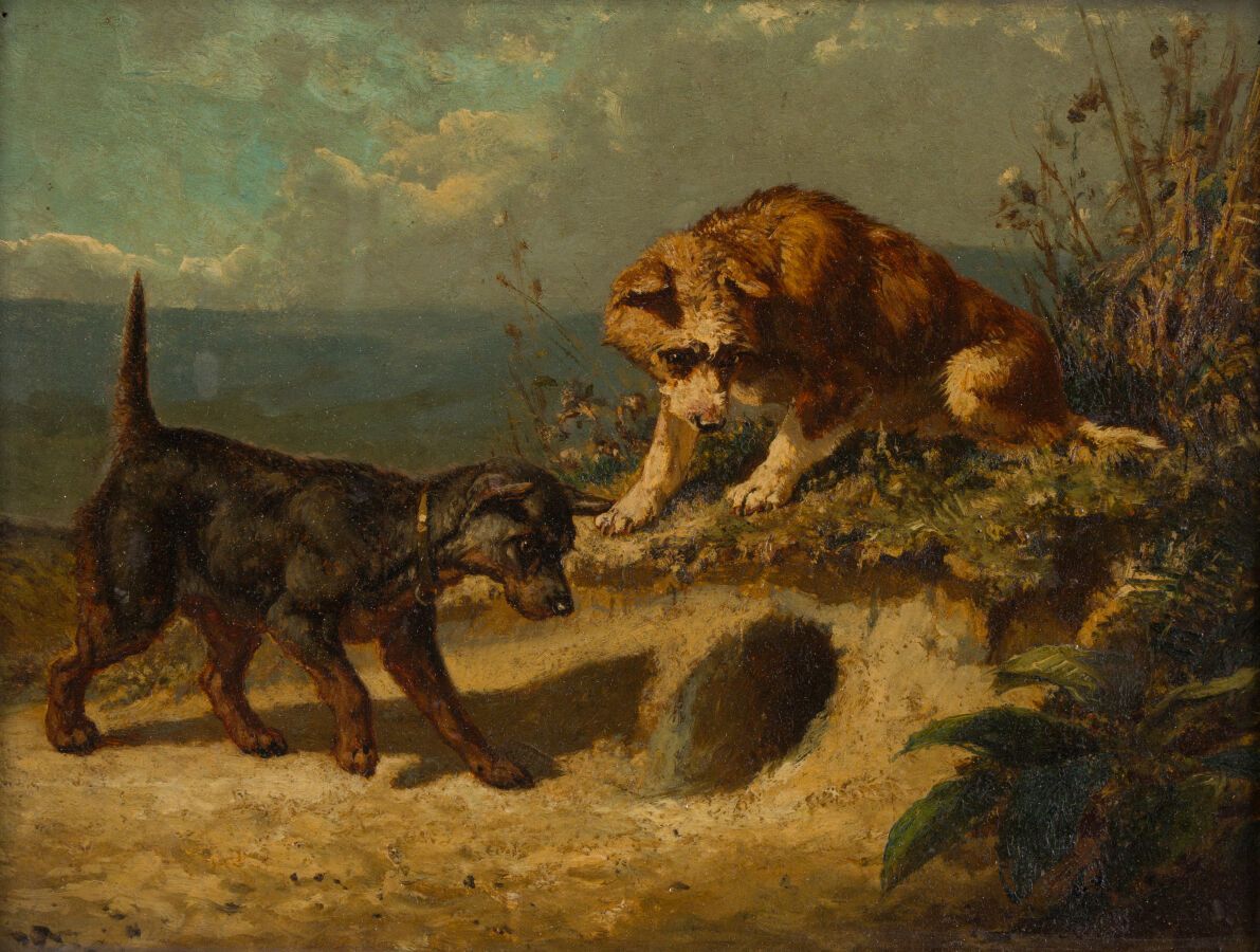 Null 42.崔斯坦-拉克鲁瓦(1849-1914)

两只狗在洞穴前放哨

桃花心木板上的油彩

签署了T。LACROIX右下角。

18 x 24厘米