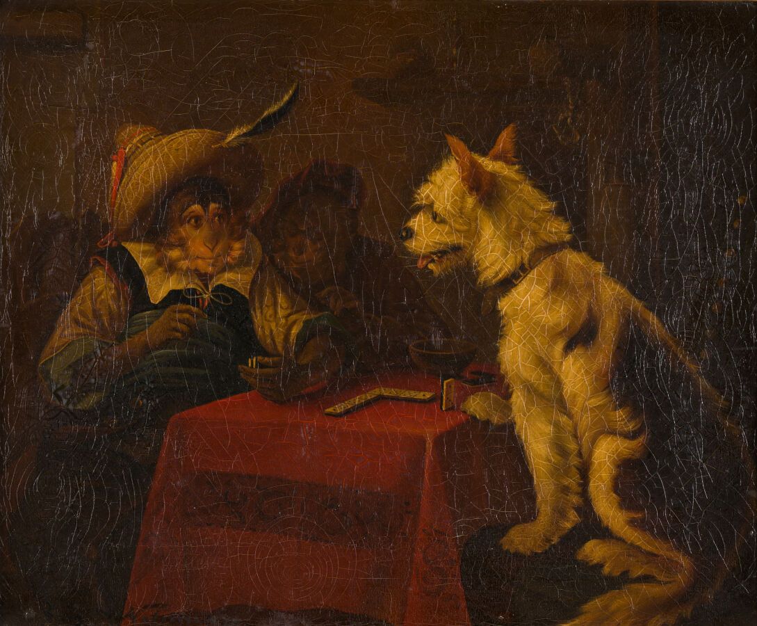Null 31.扎卡里-诺特曼（Zacharie NOTERMANN） (1824-1890)

猴子和狗玩多米诺骨牌

布面油画

左下方有签名。

(裂缝)&hellip;