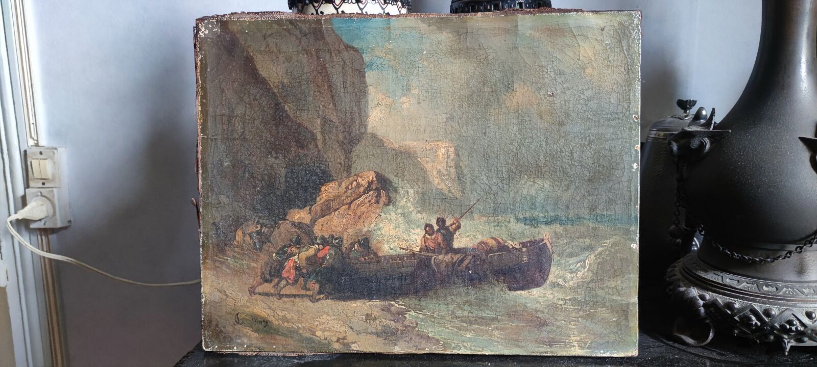 Null 19世纪的法国学校
登船
布面油画，左下方有签名的痕迹。
27 x 35厘米。
(损坏和丢失的部件）。