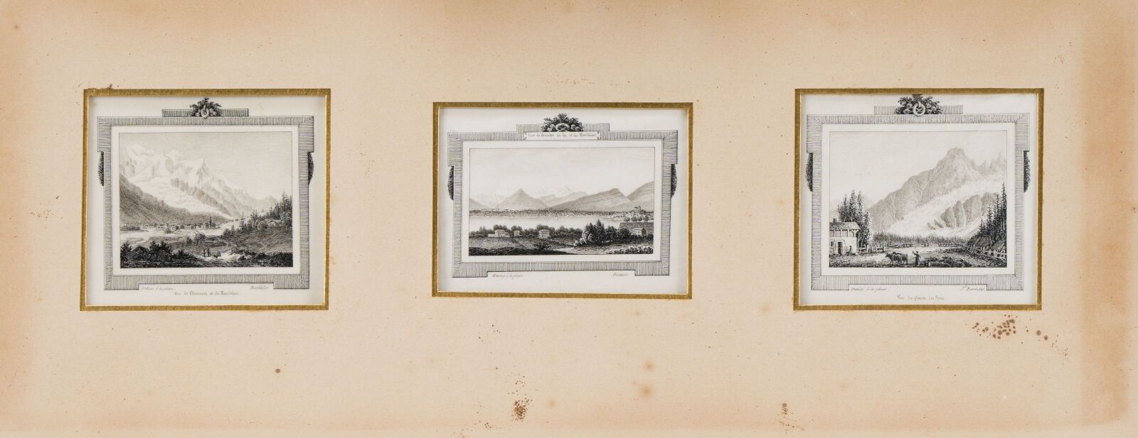 Null 约瑟夫-弗朗索瓦-布尔达莱 (1781-1851)
霞慕尼和勃朗峰的景色, 日内瓦、湖泊和勃朗峰的景色, 博斯冰川的景色
一套三幅笔墨画，装在同一个盒&hellip;