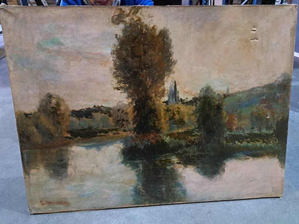 Null 水边的风景
布面油画，左下角有签名C.海因里希？
60 x 81.5厘米。
(事故和修复）。